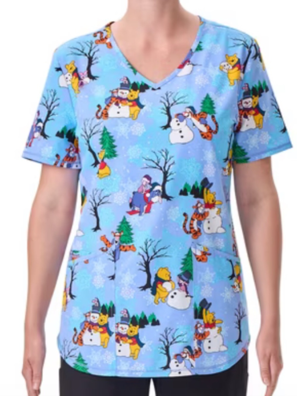 Disney Scrub Star 100 Acre Snow Day Women's V-Neck Print Scrub